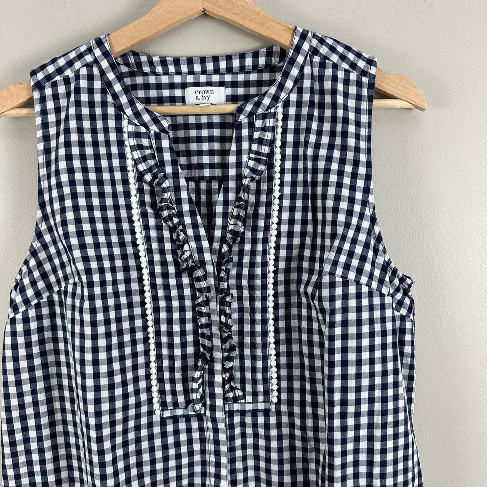 Crown & Ivy Navy Blue White Gingham Check Plaid Ruffle Shirt Shift Dress 8 M - Picture 4 of 9
